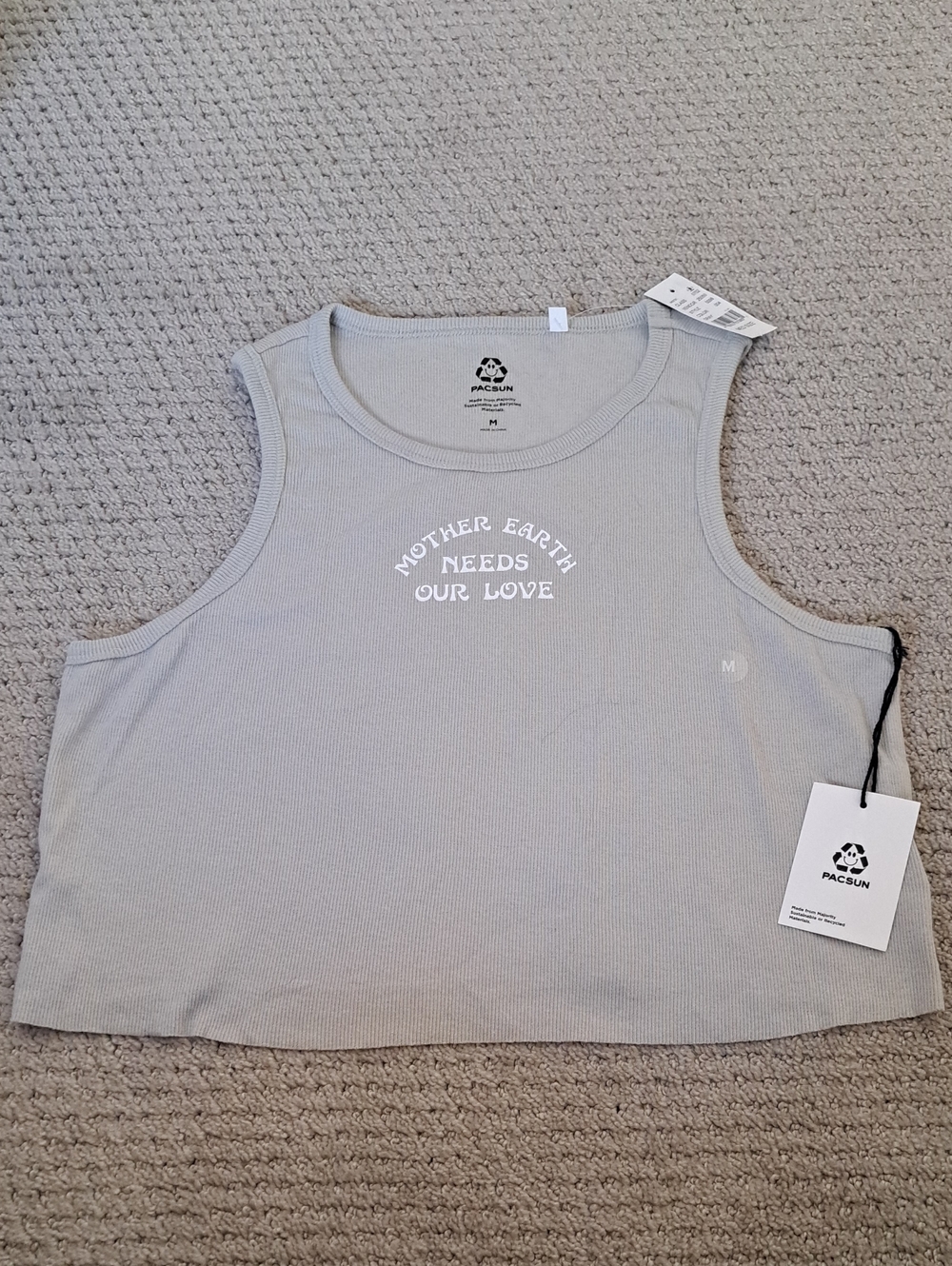 NWT PacSun Light Gray Ribbed Cropped Tank  'Mother Earth Needs Our Love' Graphic